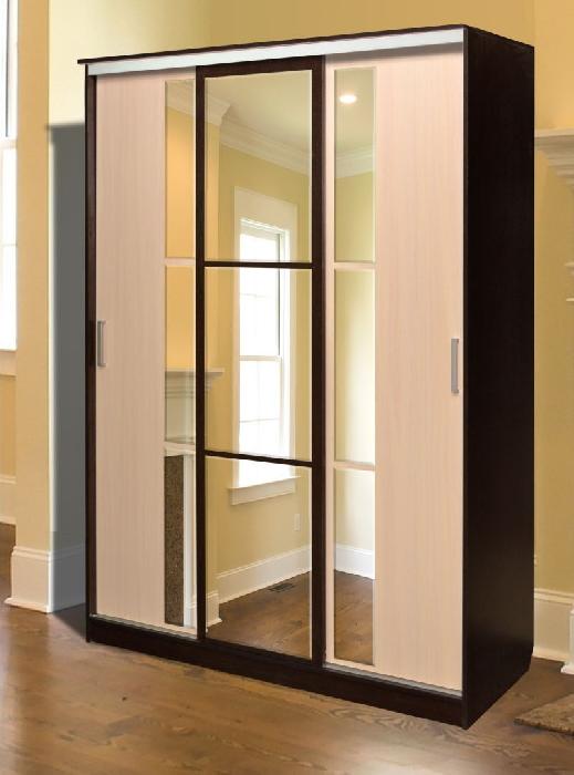 Шкаф-купе ПШ-3.2 (3 двери) (Материал дверей:лдсп-зеркало, цвет дверей:дуб молочный-зеркало уайт, цвет каркаса:венге (Росток) )